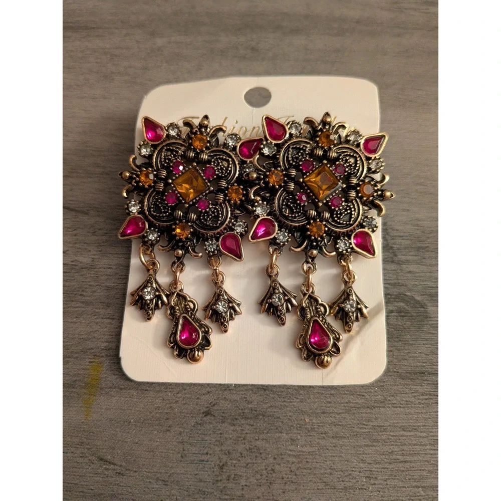 Antique Bronze Pink Amber Rhinestone Chandelier Drop Statement Earrings Boho